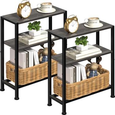 Imagem de Conjunto de 2 mesas laterais estreitas para espaços pequenos, mesa de canto pequena de 2 camadas com suporte de prateleira, mesa de cabeceira fina, mesa de sofá de lanche skinny na sala de estar,