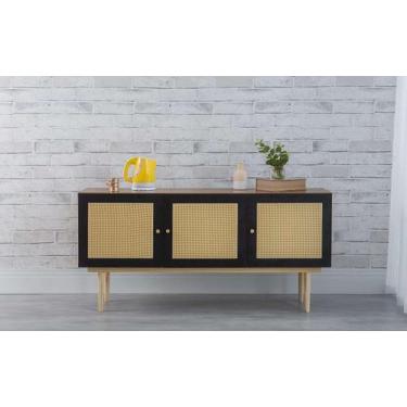 Imagem de Balcão Buffet Pés Palito Madeira 3 Portas Mdf E Palhinha Estilo Retrô 