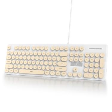 Imagem de Ussixchare Teclado de computador retrô com fio, teclado de máquina de escrever silencioso, teclados fofos bege iluminados com teclas redondas, retroiluminação LED, 104 teclas para PC, laptop (bege)