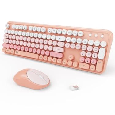 Imagem de Combo de teclado e mouse sem fio, teclado redondo colorido de 2,4 GHz para escritório, computador, desktops, laptop (104 teclas rosa e branco)
