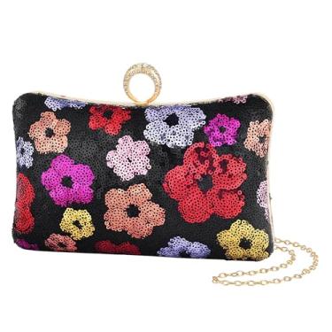 Imagem de AMOUR DE LOTUS Bolsa de noite para mulheres, bolsas de lantejoulas de flores douradas, bolsa clutch de festa brilhante para casamento, coquetel, formatura, Bolsa de noite com lantejoulas florais preta