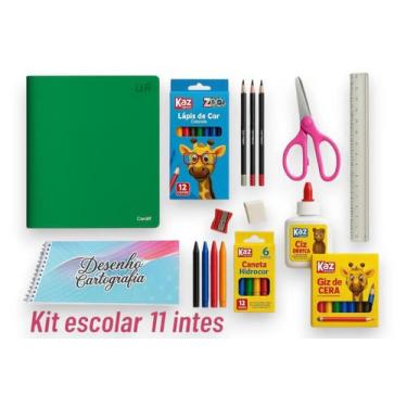 Imagem de Kit Lista Material Escolar Completo Caderno96fls Lápis de Cor Cola Giz
