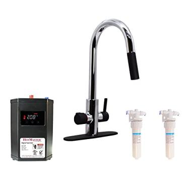 Imagem de Westbrass KH41AK-2662 HotMaster Kit de Torneira de Cozinha 4 em 1 Modo Cabeça de Borrifador, DigiHot Hot Tank Instantâneo e Sistema de Filtro de Água Duplo em Linha, Cromo Polido/Preto Fosco