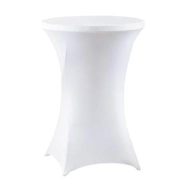 Imagem de meioro Toalha de mesa branca de coquetel, 61 x 109 cm, elastano para mesas redondas, cantos quadrados elásticos, capa de mesa alta para festa, bar, casamento, aniversário, banquete