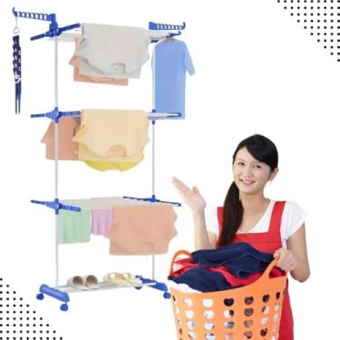 Imagem de Varal de Chão Dobrável 3 Andares com Rodinhas Compacto, Retrátil e Portátil para Roupas Íntimas e Pequenas Peças Organizador Vertical para Lavanderia e Apartamento