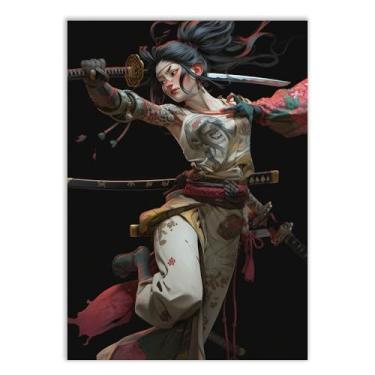 Imagem de Placa Decorativa Gueixa Pose Espada Ilustração Japão Anime Decoração Poster Quarto Sala