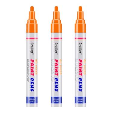 Imagem de Marcadores de tinta laranja, pacote com 3 canetas permanentes à base de óleo, à prova d'água, secagem rápida, para pintura de pedras, madeira, tecido, plástico, tela, vidro, canecas, metal, pneu