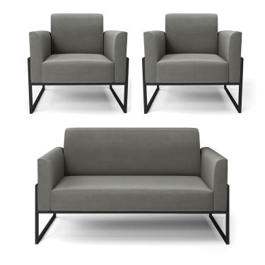 Imagem de Sofá Namoradeira Com 2 Poltronas Base Industrial Alta Preto Marisa Suede Grafite D03 - D\'rossi