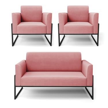 Imagem de Sofá Namoradeira Com 2 Poltronas Base Industrial Alta Preto Marisa Suede D03 - D\'rossi Cor Rose