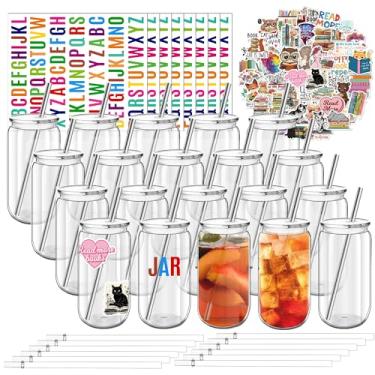Imagem de Copos de plástico transparente de 473 ml, reutilizáveis com tampas, canudos e adesivo DIY, pacote com 20 frascos de acrílico para café gelado, copos para piquenique no parque, à beira da piscina