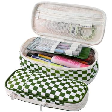 Imagem de GEHORDEN Estojo Grande Com Zíper E Bolsa Xadrez Para Canetas Adolescentes, Meninas Meninos (Verde)