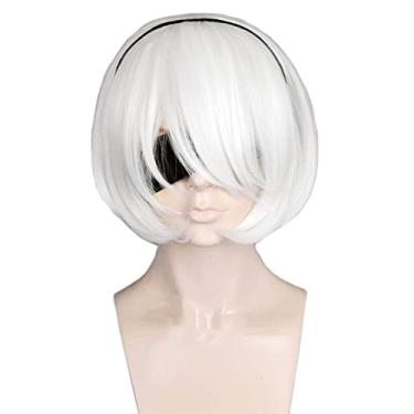 Imagem de Topcosplay Perucas Femininas Curtas, Brancas, Bob, Com Franja, Fantasia De Halloween, Cosplay