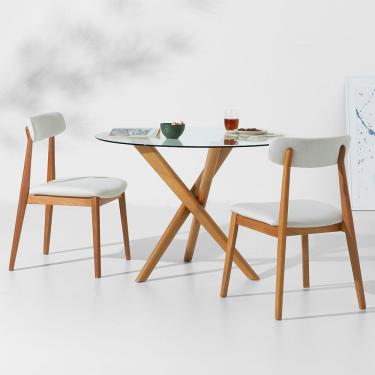 Imagem de Conjunto Mesa de Jantar Thai Redonda Vidro Incolor - 1,10m + 2 Cadeiras Nord Encosto Estofado - Off White