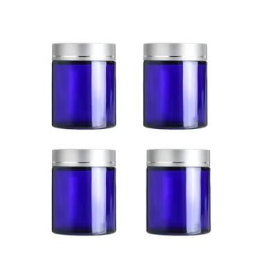 Imagem de 4 frascos de vidro azul de 100 g com tampas e forro interno, recipientes de vidro pequenos de 100 g, potes herméticos redondos, recipientes de cosméticos vazios para cremes, loções, pomadas, maquiagem