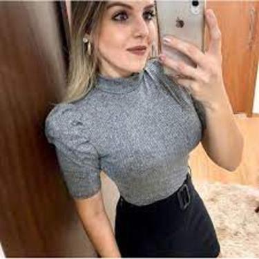 Imagem de blusa feminina canelada gola alta manga bufante lançamento - filo moda