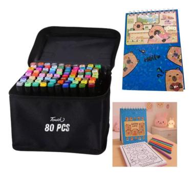 Imagem de Canetinhas 80 Cores Livro Colorir Pintar Capivara Fofa 50 Paginas Desenho Divertido Relaxante Pintura Hobbie Lazer