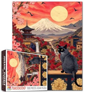 Imagem de Quebra-cabeça gato preto com Monte Fuji 1000 peças para adultos estudantes paisagem japonesa céu vermelho cachoeiras flores de cerejeira cores vibrantes arte quebra-cabeças 50 x 68 centímetros