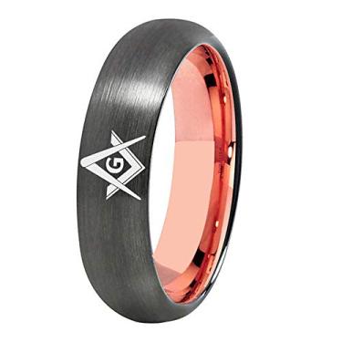 Imagem de CLOUD DANCER Anel maçônico maçônico de 4 mm/6 mm/8 mm de largura/bússola maçônica - Anel masculino clássico de carboneto de tungstênio cinza e ouro rosa - Gravação personalizada gratuita, Metal, não