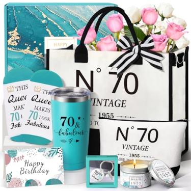Imagem de Presentes de aniversário de 70 anos para mulheres, conjunto de presentes para mulheres com sacola de 70 anos, cesta de presente de feliz aniversário exclusiva para ela completar 70 anos, mãe, esposa