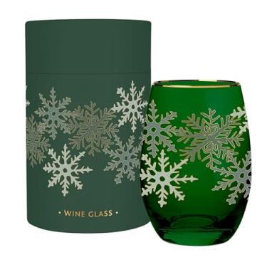 Imagem de Santa Barbara Design Studio Taça de vinho sem haste de férias com detalhes em folha dourada e caixa de presente, comporta 43 ml, flocos de neve verdes e brancos