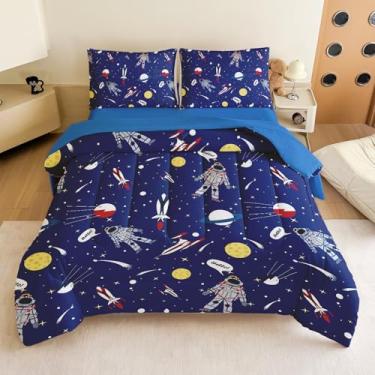 Imagem de Jogo de cama casal para meninos – Conjunto de edredom completo com 5 peças, foguete e planeta galáxia, lavável na máquina, durável – ideia de presente para quarto de meninos e meninas