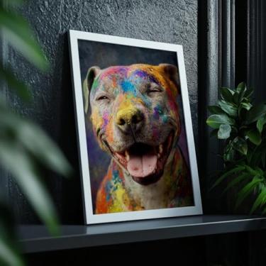 Imagem de Quadro Decorativo Pitbull Colorido Com Moldura Cachorro Pitbull Pop Art Colorido Divertido Quarto Infantil Sala Pet Felicidade Criativo Fofo