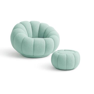 Imagem de Kit Poltrona Decorativa Concha C/Almofada e Puff Boucle Azul Turquesa Abobora - Montanaris Decor