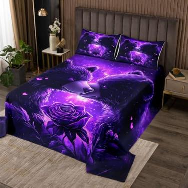 Imagem de Colcha de urso selvagem para crianças, meninos, conjunto de colcha com tema amor de animais e ursos para decoração de quarto, acolchoado macio, romântico, rosa, floral, roxo, galáxia, conjunto com 1