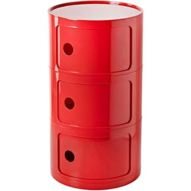 Imagem de Mesa De Cabeceira Redonda 2/3/4 Camadas Mesa De Cabeceira De Plástico Com Gavetas E Porta Deslizante Armário De Cabeceira Moderno Nórdico Para Quarto, Red, 32x58cm