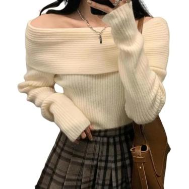 Imagem de Senhoras Tops Off Shoulder Camisola De Malha Mulheres Manga Comprida Elegante Pulôveres Outono Inverno Moda Sexy Roupas Tops, Beige, One Size