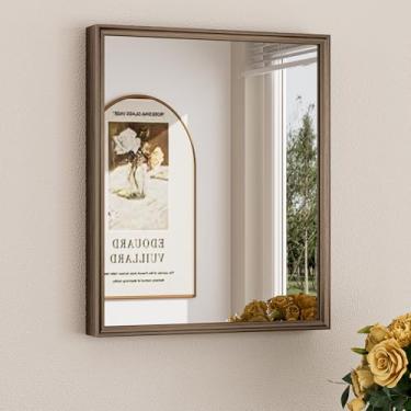 Imagem de Keonjinn Espelho emoldurado pequeno de aço inoxidável de 40,6 x 50,8 cm, espelho de banheiro de bronze escovado, antiferrugem, borda curvada, vidro temperado à prova de estilhaçamento, espelhos de