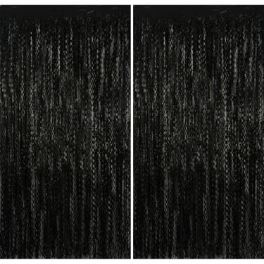 Imagem de MALANKU Cortina de fundo com franja preta, ondulada, cortina de tinsel ondulada, decoração de aniversário para graduações quadriculadas de ano novo 2025, festa de aniversário de terror de Halloween