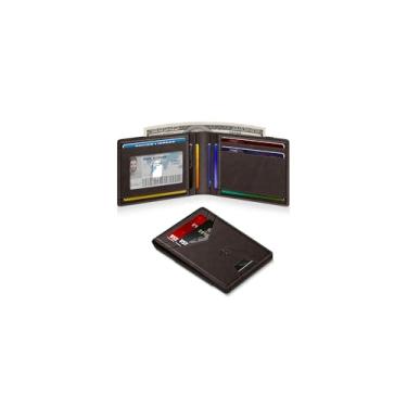 Imagem de SEMORID Carteira masculina fina de couro para 9 a 13 cartões, carteira fina com bloqueio de RFID com janela para identidade e compartimento para dinheiro elástico, carteira pequena minimalista