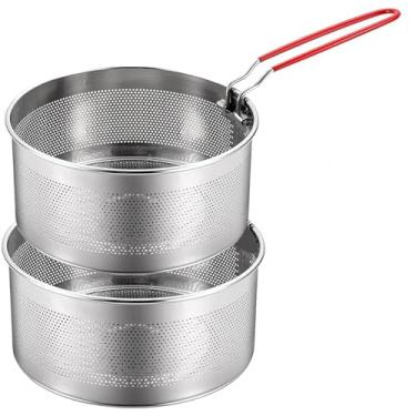 Imagem de Conjunto de 2 coadores de macarrão, coador de macarrão de aço inoxidável, 18 cm com alça removível, cesta de coador de macarrão de metal, cesta de fritadeira, escorredor de cozinha para lavagem