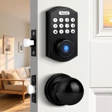 Imagem de Probrico Fechadura de impressão digital inteligente com maçaneta para porta da frente, fechadura de porta de entrada sem chave, maçaneta com fechadura inteligente, preto plano