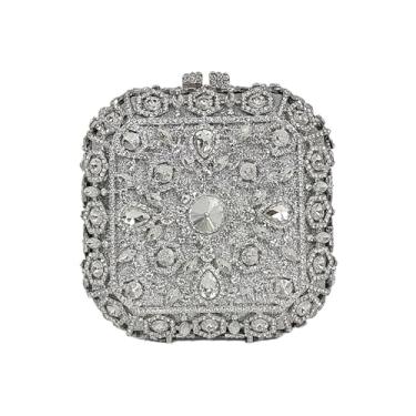 Imagem de Caixa octogonal bolsa noturna linda bolsa de mão de cristal glitter feminina com strass bolsas de festa bolsa de casamento, Prata