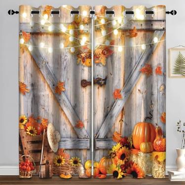 Imagem de Cortina blackout com folhas de abóboras de outono, cortinas de janela de porta de celeiro de madeira rústica escurecendo cortinas de janela com isolamento térmico para sala de estar e quarto 2 painéis