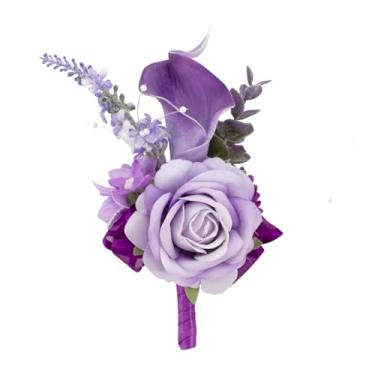 Imagem de Floinla 1 peça de flor roxa profunda para homens, baile de formatura, flor de girassol artificial de lírio de calla e padrinhos, flor de noivo e padrinhos para cerimônia de casamento, festa