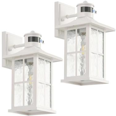 Imagem de FLEDAVID Pacote com 2 luzes de varanda com sensor de movimento do crepúsculo ao amanhecer lanterna de parede externa branca arandela luminárias à prova d'água lâmpada de garagem suporte de parede para