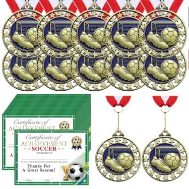 Imagem de Huquary 12 medalhas de prêmio de futebol com 12 peças de certificados de prêmio de conquista troféus de participação em equipe com fita listrada vermelha branca azul para lembrancinhas de festa