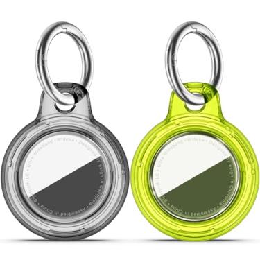 Imagem de Suporte de AirTags, à prova d'água, 2 unidades com chaveiro Apple Air, capa rígida para PC AirTag, à prova de choque e à prova de arranhões, preto transparente + fluorescência transparente