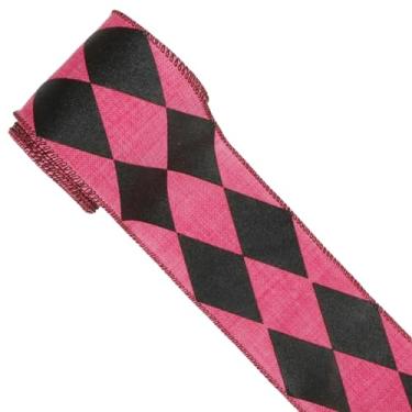 Imagem de Meseey Fita de borda com fio xadrez de diamante rosa choque e glitter preto 6,3 cm x 20 jardas fitas decorativas de Natal para embrulho de árvore de outono de Halloween artesanato DIY (rosa choque