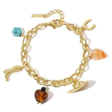 Imagem de KissYan Pulseiras femininas com berloque ocidental, banhado a ouro 14K, ferradura, turquesa, pingente de vaqueira, clipe de papel, corrente delicada para presente