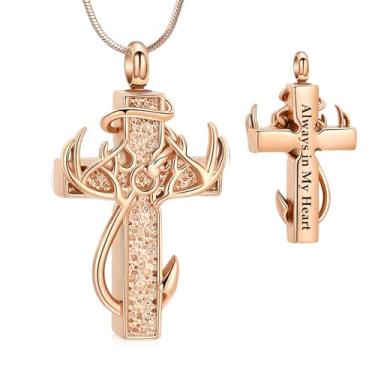 Imagem de shajwo Colar de urna com cruz para cinzas humanas para mulheres, homens, anzol, chifres de peixe, cervo, joia de cremação, pingente de lembrança de cinzas, Aço inoxidável, Sem Pedra Preciosa