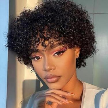 Imagem de Perucas Curtas Curtas para Mulheres Negras Cabelo Humano Afro Kinky Curly Peruca Virgem Brasileira Corte Pixie Peruca de Cabelo Humano com Franja 150% Densidade Nenhuma Peruca de Laço Frontal Bob