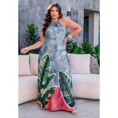 Imagem de Vestido Plus Size Longo Estampa Barrada Amarração Ombro