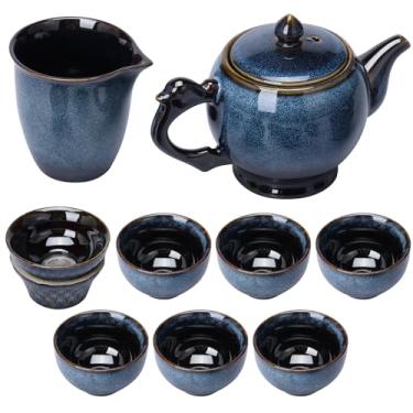 Imagem de Conjunto de 9 peças de bule de chá de cerâmica para tarde elegante conjunto de chá de Kung Fu chinês com 6 xícaras para presente de festa em casa (azul)