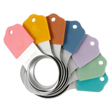 Imagem de DJAPWPX Conjunto de 7 peças de copo e colher de medida magnética com alça de silicone, colher de copo medidor de aço inoxidável, copo medidor de cozinha preciso, conjunto de colheres de medição