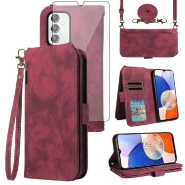 Imagem de Asuwish Capa de celular para Samsung Galaxy A14/M14 5G carteira celular com protetor de tela de vidro temperado alça transversal alça flip zíper compartimento para cartão de crédito TPU A 14 4G 14A