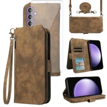 Imagem de Asuwish Capa de celular para Samsung Galaxy S23 FE 5G carteira celular com protetor de tela de vidro temperado alça transversal alça flip zíper compartimento para cartão de crédito TPU S 23 EF S23FE